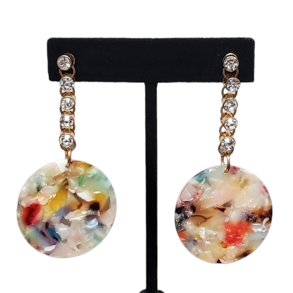 Estate Gold-Toned Multicolor Resin Disc & White Rhinestone Post Back Earrings